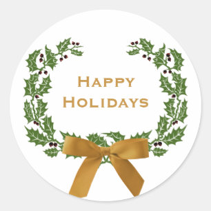 Christmas Happy Holidays Holly Wreath Simple Classic Round Sticker