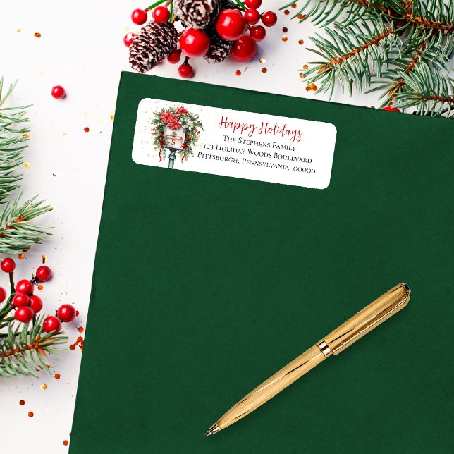 Christmas Happy Holidays Mailbox Floral Monogram Label (Elegant Christmas Holiday Mailbox Poinsettia Floral Return Address Label)