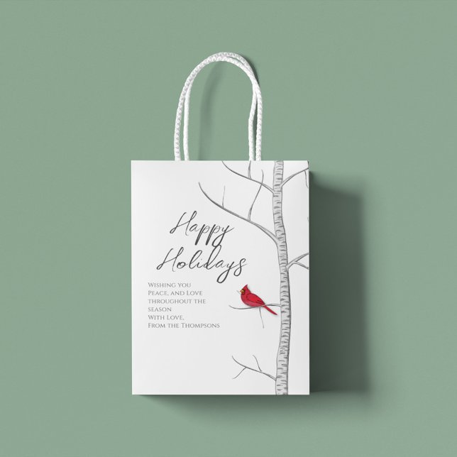 Christmas Happy Holidays Stylish Red Cardinal Medium Gift Bag (Happy Holiday customized gift message gift bag, with woodland birch trees)