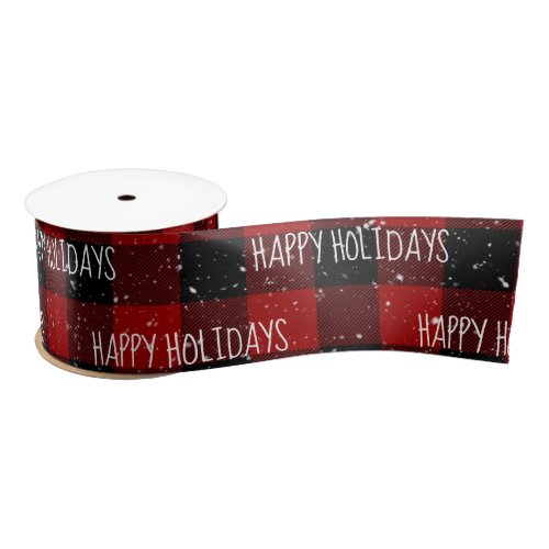 Christmas HAPPY HOLIDAYS Text On Buffalo Plaid Satin Ribbon