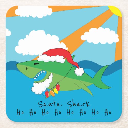 Christmas Happy Santa Shark Square Paper Coaster