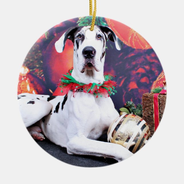 Christmas - Harlequin Great Dane - Baron Ceramic Ornament (Front)