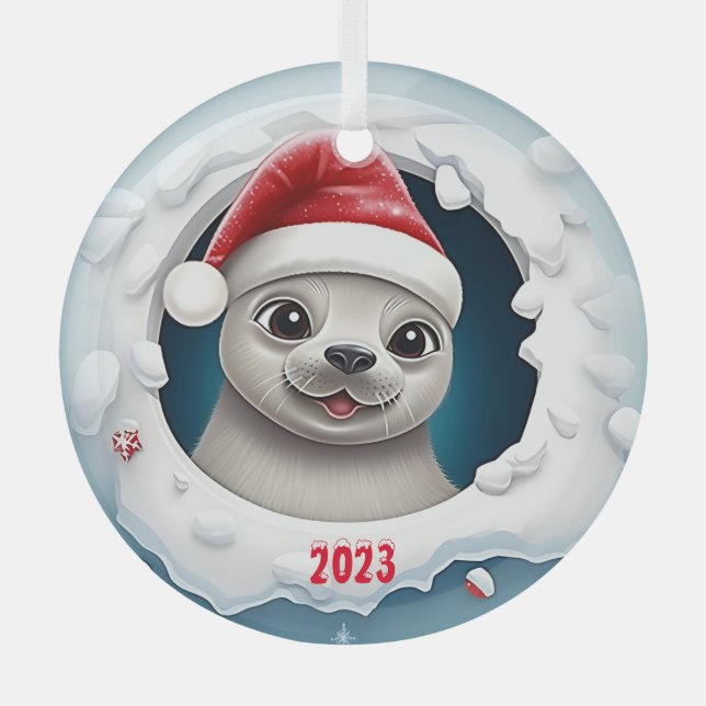 Christmas Harp Seal Glass Ornament (Front)