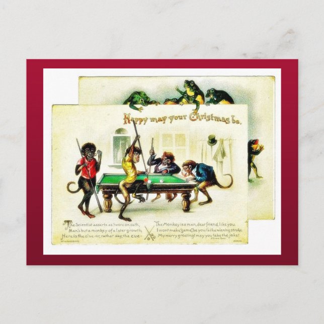 Christmas has monkeys playing golf, frog watching holiday postcard (Front)