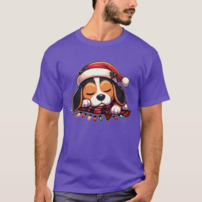 Christmas Hat Christmas Fairy Lights Beagle family T-Shirt (Front)