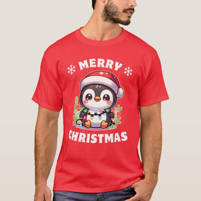 Christmas Hat Christmas Fairy Lights Penguin retro T-Shirt (Front)