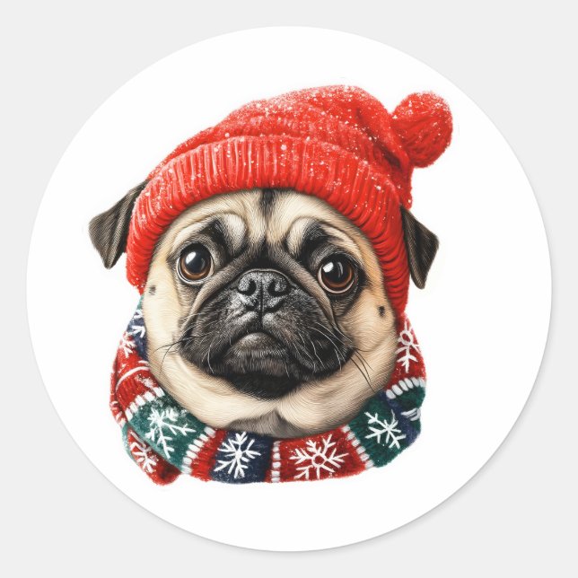 Christmas hat cute pug classic round sticker (Front)