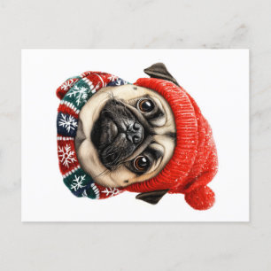 Christmas hat cute pug holiday postcard