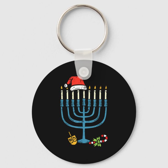 Christmas Hat Menorah Jew Hanukkah Chanukah Men Wo Keychain (Front)