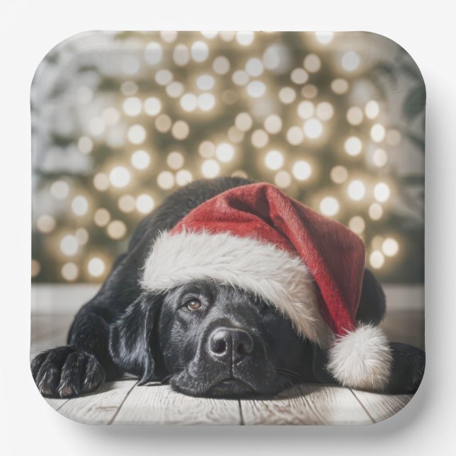 Christmas Hat On a Black Labrador Retriever Paper Plates (Front)