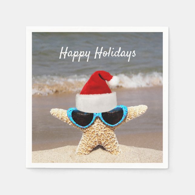 Christmas hat on tropical starfish on beach paper napkins (Front)