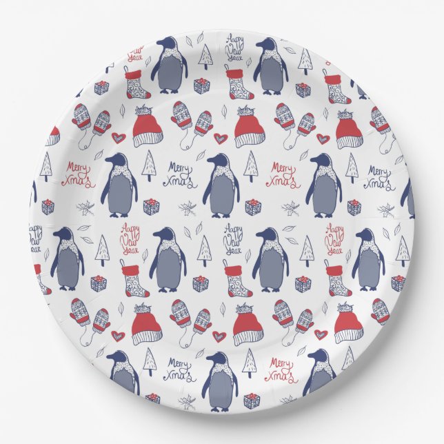 Christmas Hats Gloves Pattern Party Paper Plates (Front)