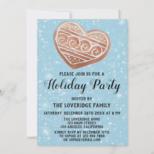 Christmas Heart Cookie Holiday Party Blue Snow Invitation (Front)