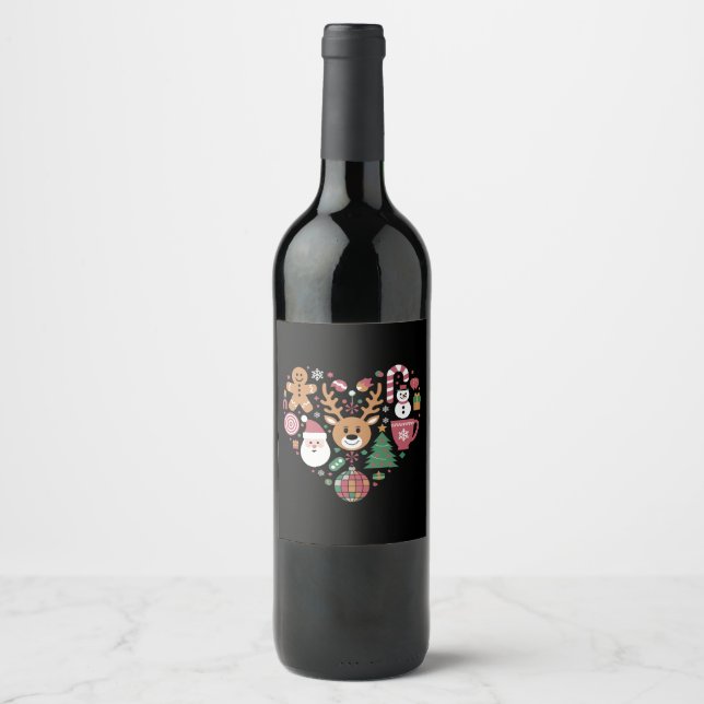 Christmas Heart Love Icons Holiday Xmas Santa Wine Label (Front)