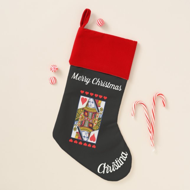Christmas Heart Queen Playing Card Red Hearts Stocking (Front)