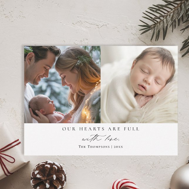 Christmas Hearts Minimalist Family Baby 2 Photos Holiday Card (christmas family card baby announcementwith love calligraphy simple elegant 2 photos classic)
