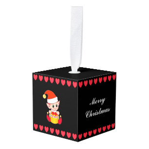 Christmas hearts with cute elf & angel on Black Cube Ornament