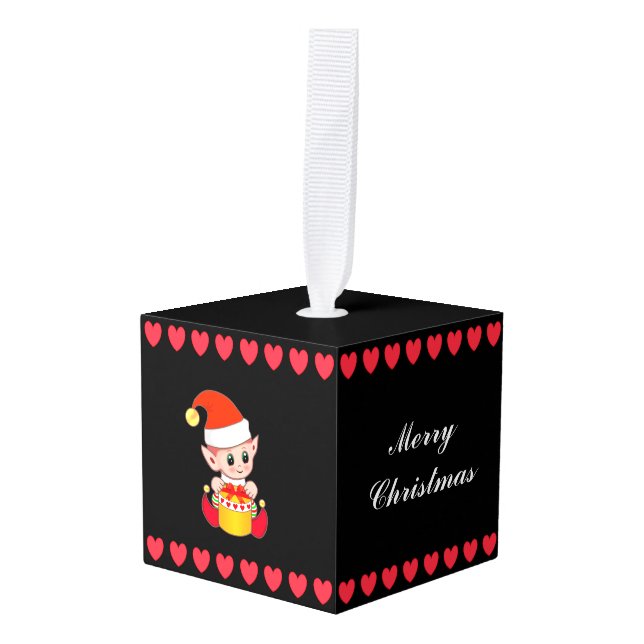 Christmas hearts with cute elf & angel on Black Cube Ornament (Front Angled)