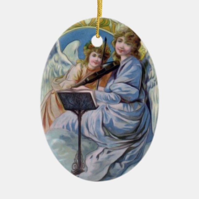 Christmas Heavenly Angels Playing Violin Ceramic Ornament (Front)