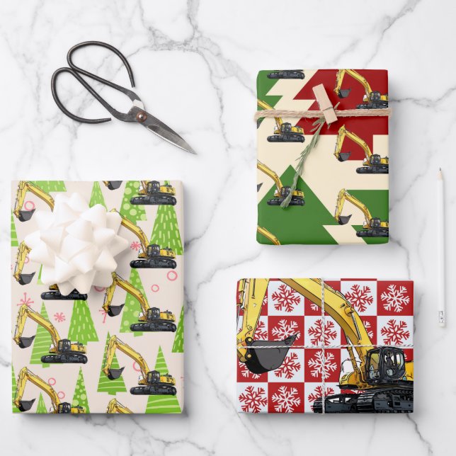 Christmas Heavy Equipment Excavator Festive Wrapping Paper Sheets (Front)