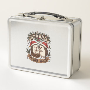 Christmas Hedge Hugs Hedgehogs Santa Hats Snowflak Metal Lunch Box