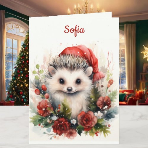 Christmas Hedgehog Personalize Name  Greeting Holiday Card