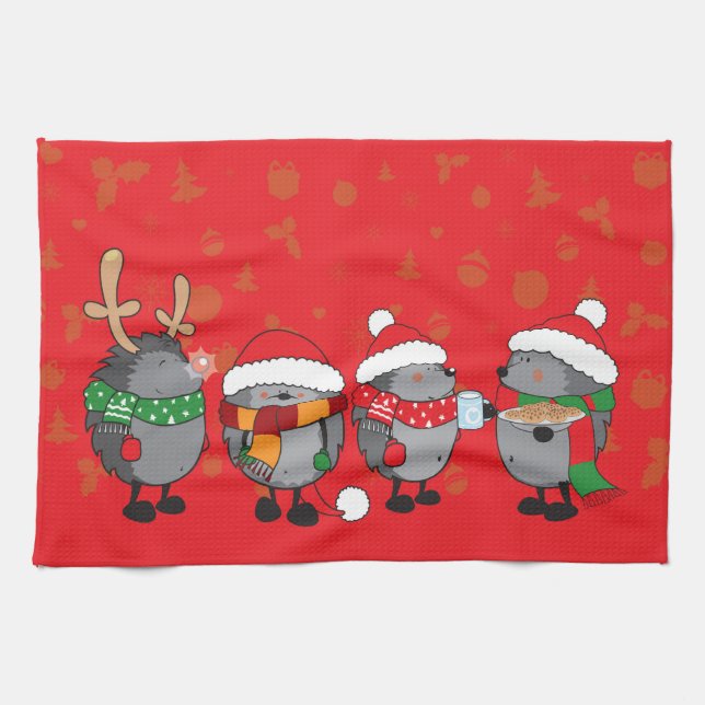 Christmas hedgehogs kitchen towel (Horizontal)