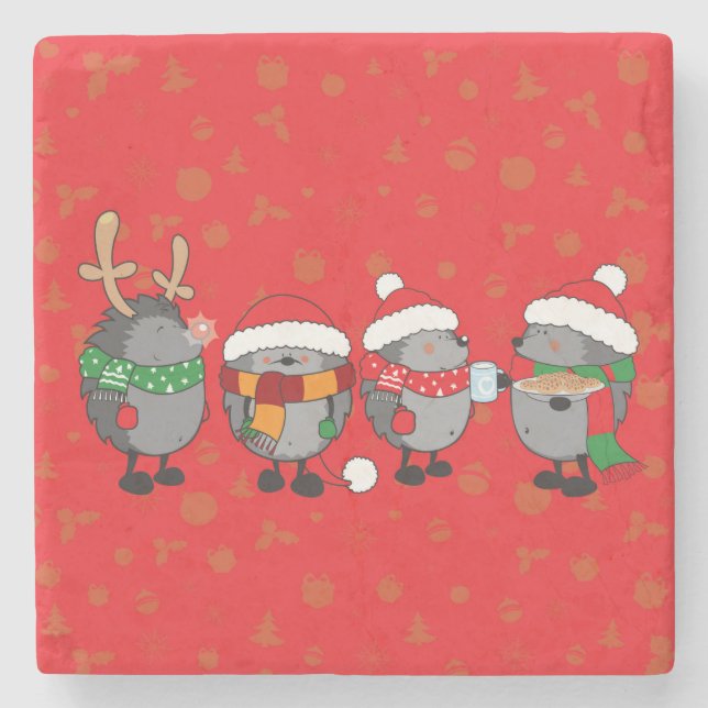 Christmas hedgehogs stone coaster (Front)