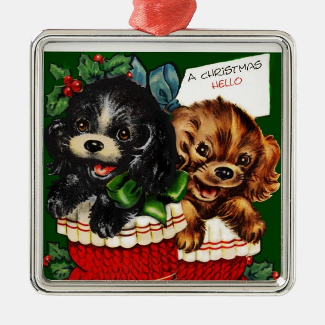 Christmas Hello Puppies Metal Ornament (Front)