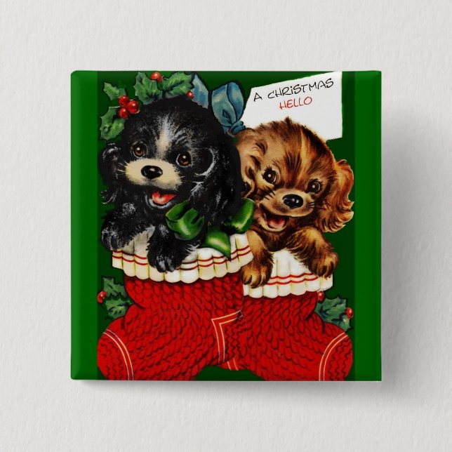 Christmas Hello Puppies Pinback Button (Front)