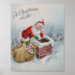 Christmas Hello Vintage Poster<br><div class="desc">Vintage scene of Santa and his bag of toys on a rooftop ready to go down the chimney... text reads A Christmas Hello poster.</div>