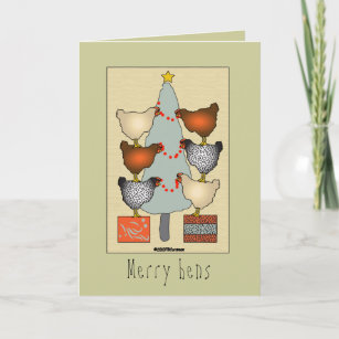 Christmas hens decorate tree on linen Card