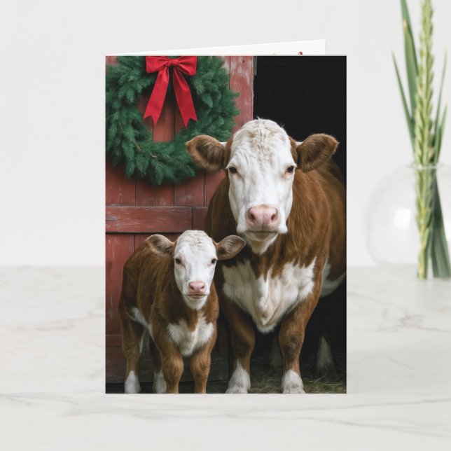 Christmas Hereford Cow and Calf Card (Front)
