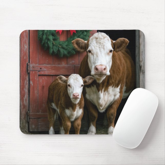 Christmas Hereford Cow and Calf Mouse Pad (With Mouse)