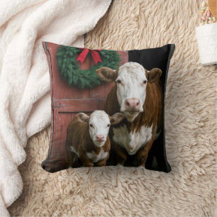 Christmas Hereford Cow and Calf Throw Pillow