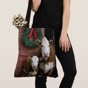 Christmas Hereford Cow and Calf Tote Bag
