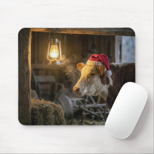 Christmas Hereford Cow in a Barn Mouse Pad