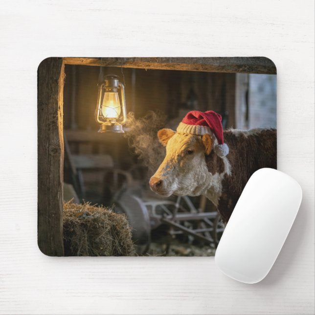Christmas Hereford Cow in a Barn Mouse Pad (With Mouse)