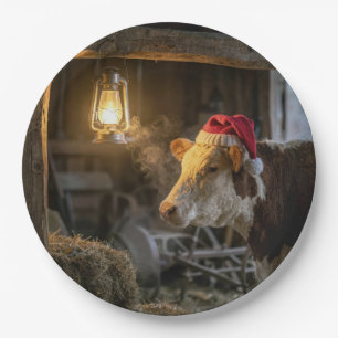 Christmas Hereford Cow in a Barn Paper Plates