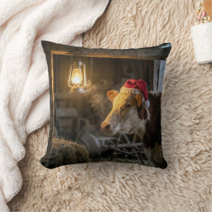 Christmas Hereford Cow in a Barn Throw Pillow