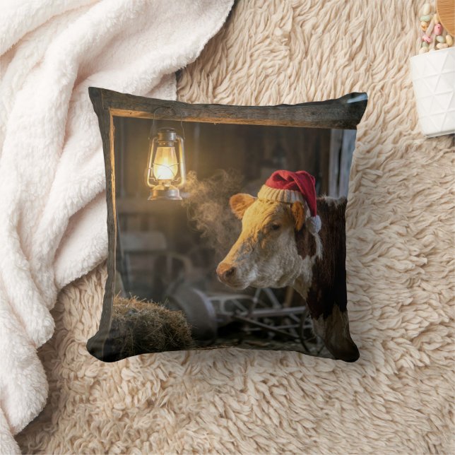 Christmas Hereford Cow in a Barn Throw Pillow (Blanket)