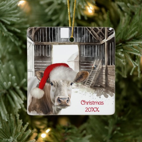 Christmas Hereford Cow In Barn Ceramic Ornament
