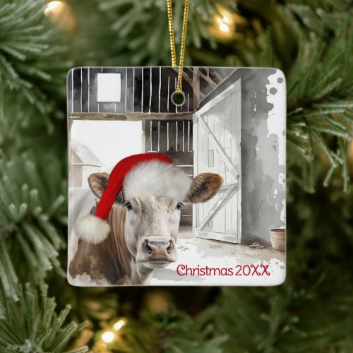 Christmas Hereford Cow In Barn Ceramic Ornament