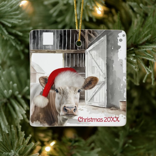 Christmas Hereford Cow In Barn Ceramic Ornament (Tree)