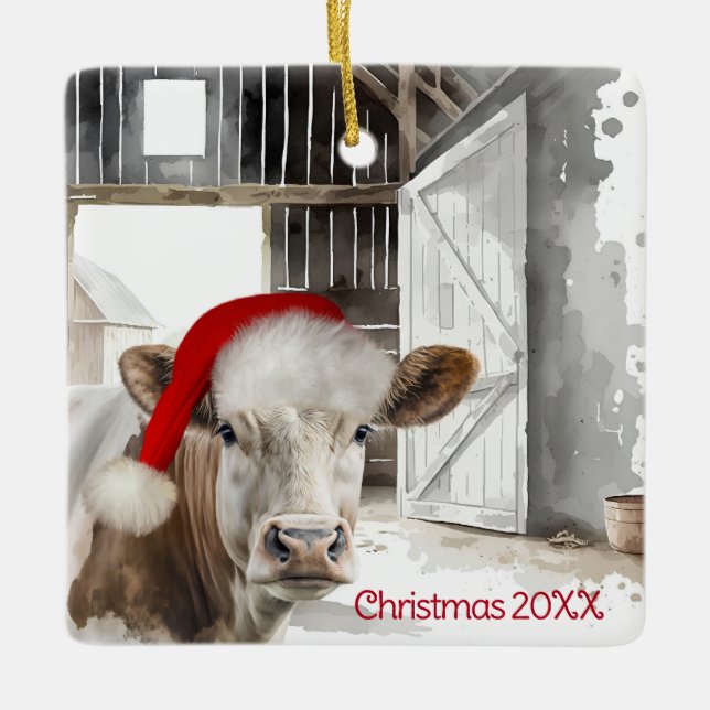 Christmas Hereford Cow In Barn Ceramic Ornament (Front)