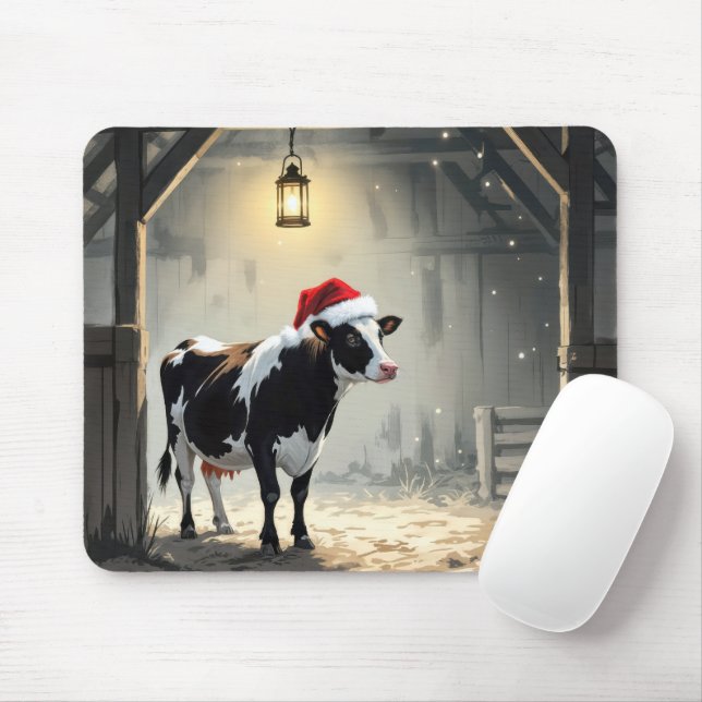 Christmas Hereford Cow In Barn Doorway Mouse Pad (With Mouse)