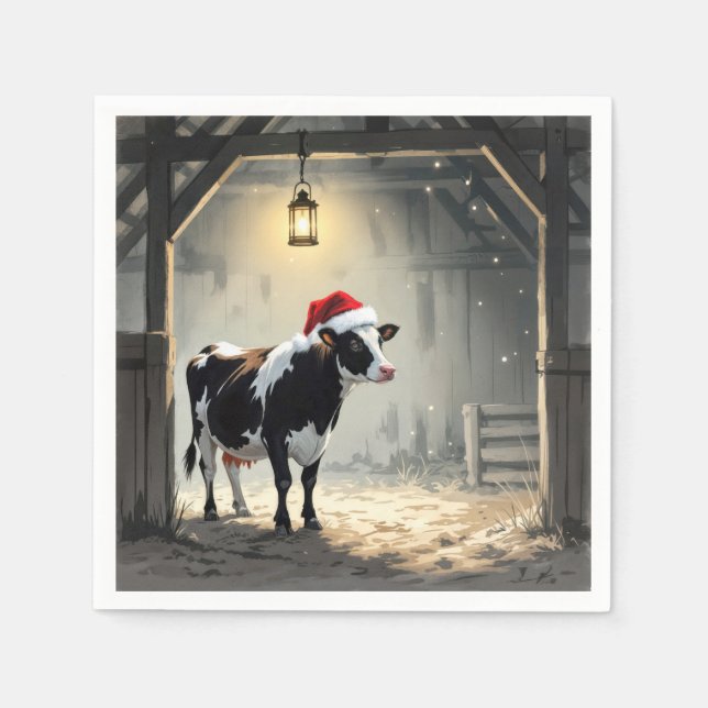 Christmas Hereford Cow In Barn Doorway Napkins (Front)