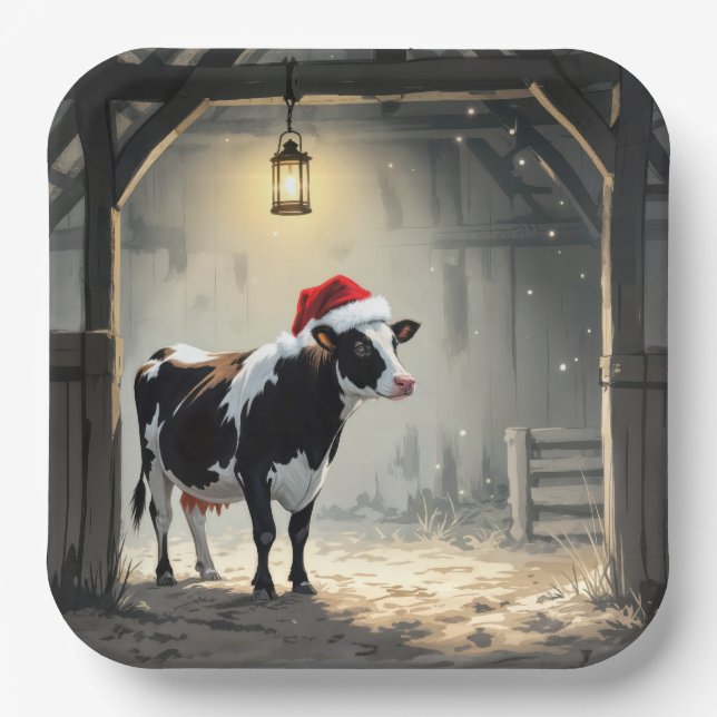 Christmas Hereford Cow In Barn Doorway Paper Plates (Front)
