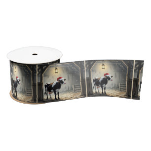 Christmas Hereford Cow In Barn Doorway Satin Ribbon
