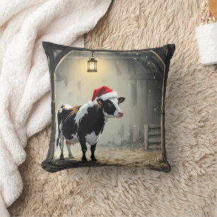 Christmas Hereford Cow In Barn Doorway Throw Pillow